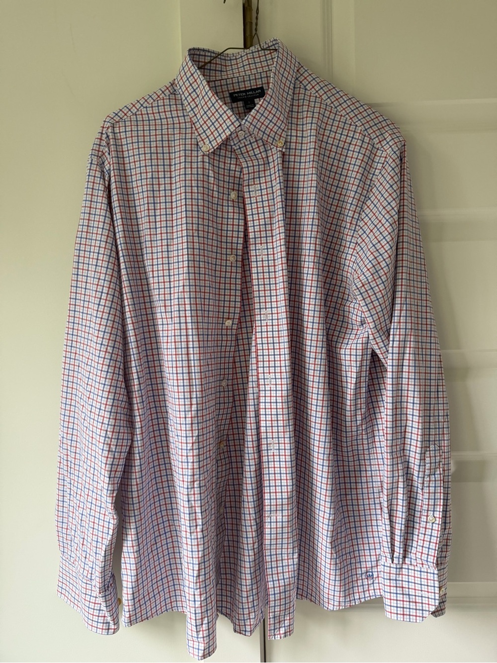 Peter Millar Men's White Button-Down Shirt with Red and Blue Check